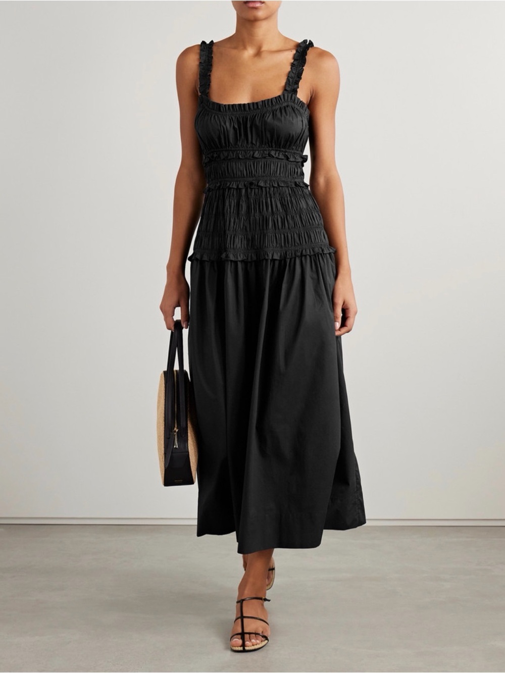DÔEN Marianna Black Organic Cotton Midi Dress Ruffle Smocked